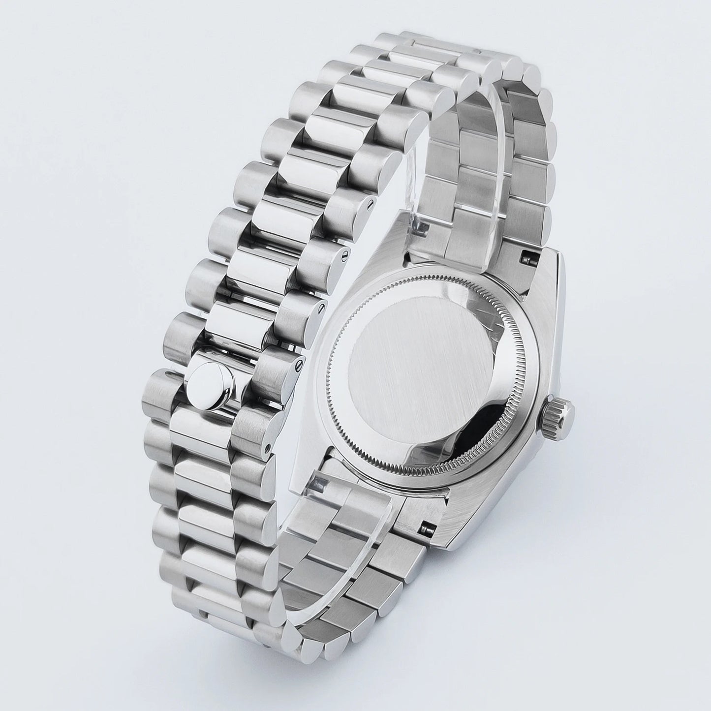 CORGEUT NH36 mechanische Herrenuhr mit Wochentags- und Datumsanzeige, President-Gliederarmband, Stahlgehäuse, geriffelter Arc-Lünette, wasserdicht