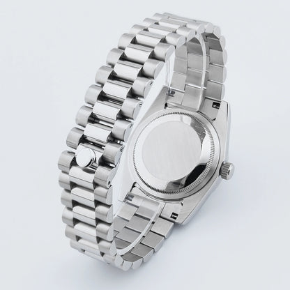 CORGEUT NH36 mechanische Herrenuhr mit Wochentags- und Datumsanzeige, President-Gliederarmband, Stahlgehäuse, geriffelter Arc-Lünette, wasserdicht