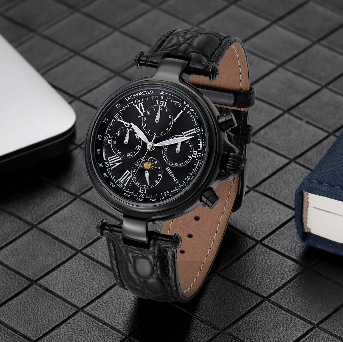 Montre automatique pour homme BERNY, style rétro, avec affichage Soleil et Lune, aiguilles luminescentes et mouvement ST1652 ; une montre mécanique classique et élégante, dotée d'un bracelet en cuir véritable.
