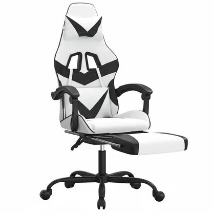 Gaming Chair with Footrest, Reclining Gaming Chair, Adjustable Height 360° Swivel Gaming Chair in White & Black PU Leather for Office & Gaming