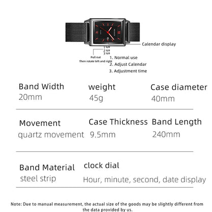 Fashion Watches for Men Luxury Rectangle Stainless Steel Men's Quartz Wristwatch Business Man Watch Clock Gift relogio masculino