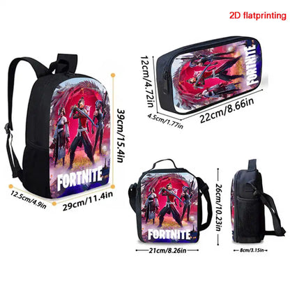 Fortnite Cartoon 3pcs Set, Large Capacity Suitable for Boys and Girls Aged 5-8, Includes Backpack, Dinner Bag, and Pencil Case