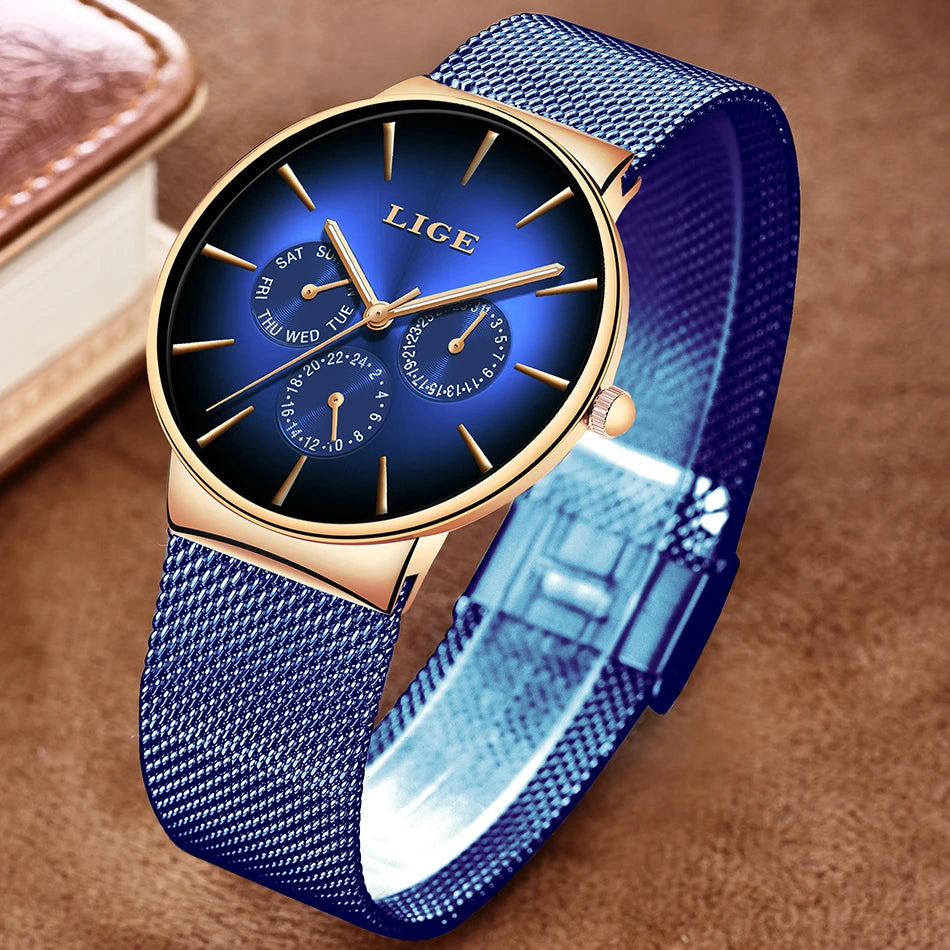 LIGE women’s watch, elegant and on-trend – sporty-casual style, mesh strap, quartz movement, date and day display, water-resistant.