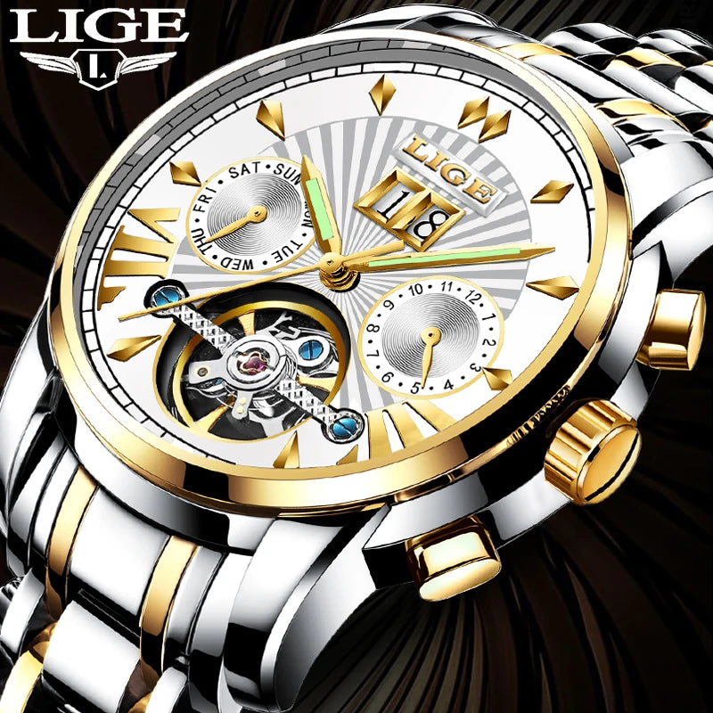 Orologi da polso meccanici automatici da uomo LIGE – Orologio di lusso di alta gamma con tourbillon, modello elegante e impermeabile, ideale per il lavoro o le occasioni formali.