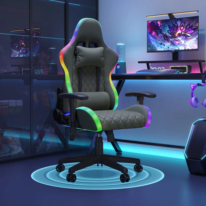 Ergonomic Gaming Chair with Massage Function, RGB LED Lights, Reclining Gaming Chair with Footrest, Adjustable Height PU Leather Office Gaming Chair