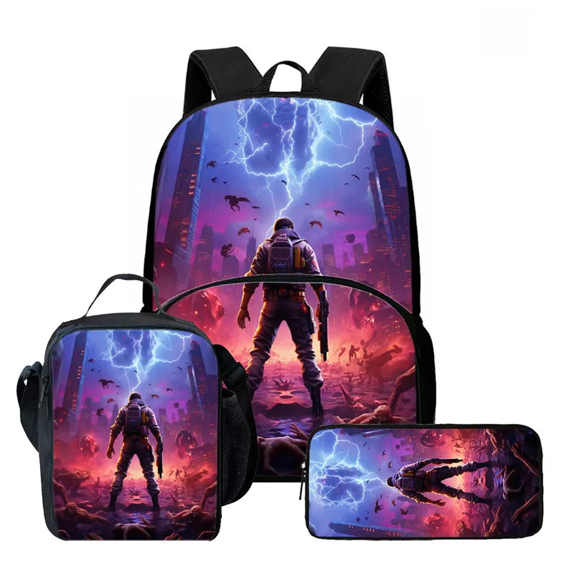 Fortnite Cartoon 3Pcs School Bag Set Unisex for Boys Girls, Backpack with Front Pocket, Lunch Bag and Pencil Case Best Gift