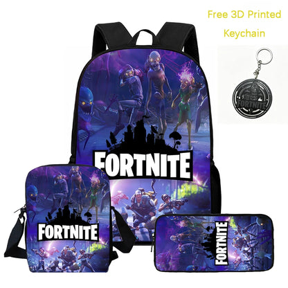 3Pcs Kids Backpack Set, Crossbody & Pencil Bag, FORTNITE Cartoon Bag, Lightweight for Boys and Girls Ages 5-10, Free 3D Printed Keychain