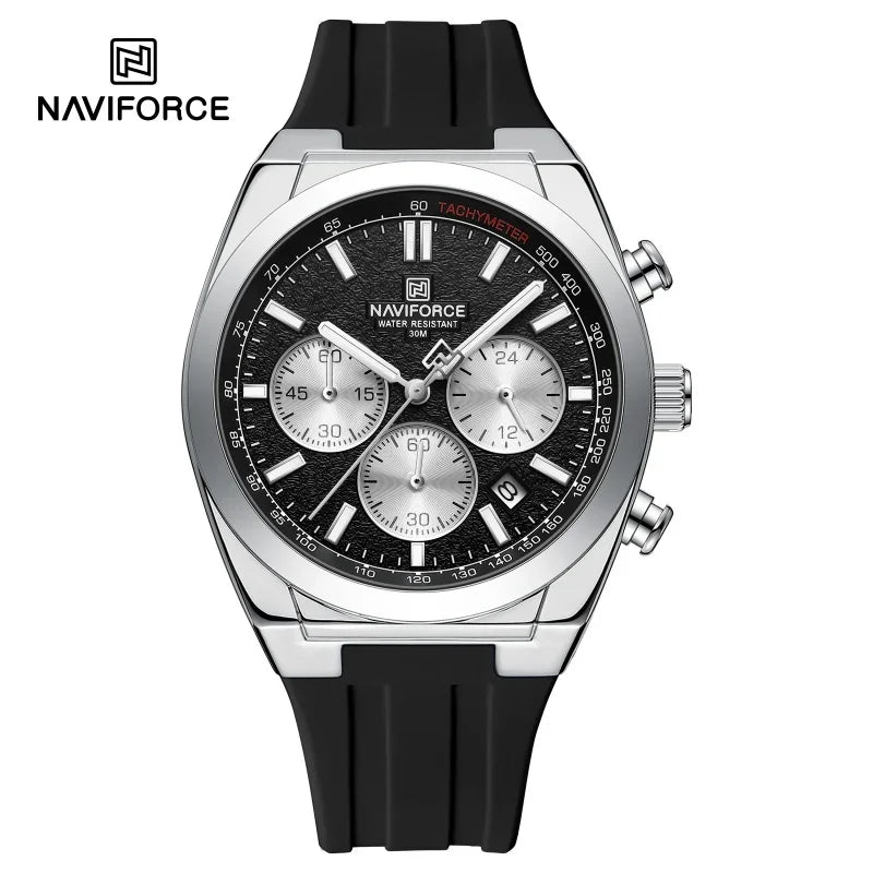 Мъжки ръчен часовник NAVIFORCE – луксозен и спортен стил, кварцов механизъм, 24-часов дисплей, прозорец за датата, хронограф, водоустойчив – идея за подарък за мъж