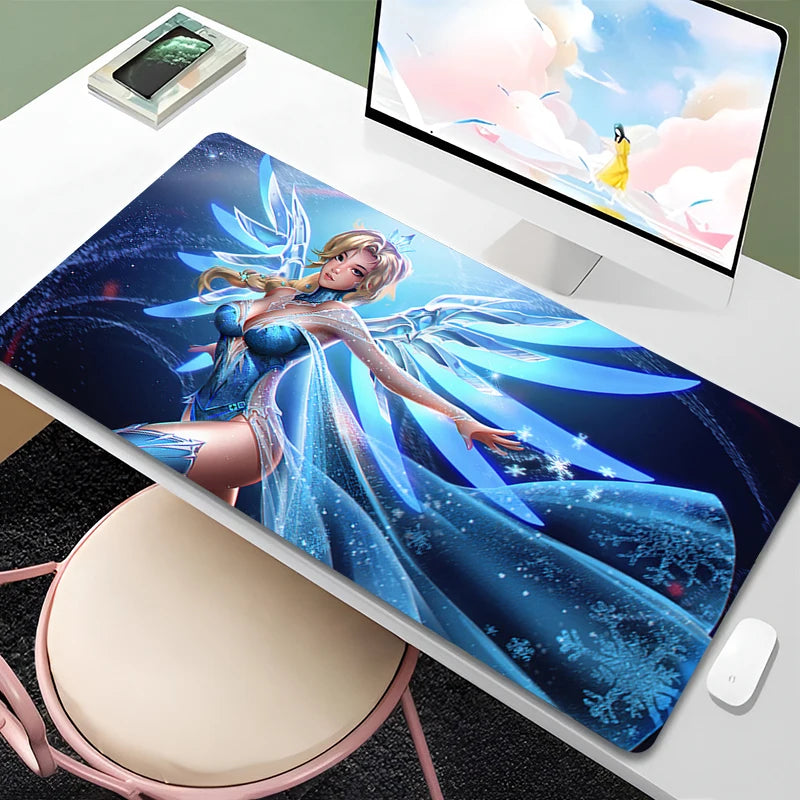 Tapete de rato Overwatch Mercy para PC Gamer, gabinete, kawaii, XXL, tapete de teclado com rapariga anime sensual, acessórios gaming para portátil e tapete de secretária