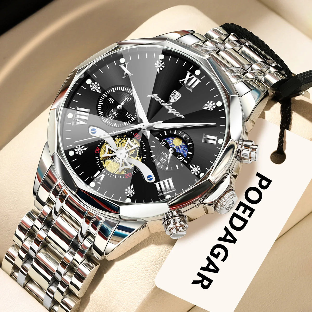 Relógio de pulso de luxo original POEDAGAR para homem, estanque, cronógrafo luminoso, relógio de pulso de aço inoxidável com movimento de quartzo, relógios de gama alta para homem