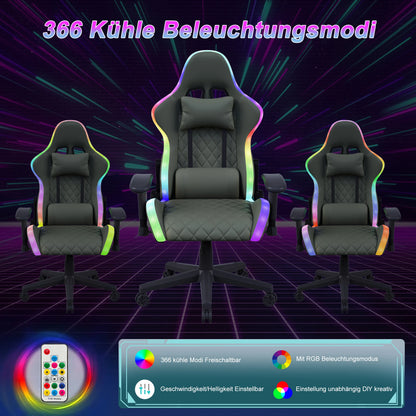 Gaming Chair with Massage Function, LED RGB Lights, Adjustable Reclining Gaming Chair with Lumbar Support, Headrest Pillow, Ergonomic Computer Chair 150KG Capacity