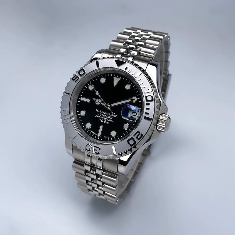 40MM Diameter YM Design Two-Way Rotating Bezel Sapphire Glass Luminous Dial for NH35 Movement Jubile Strap Luxury Men's Watch