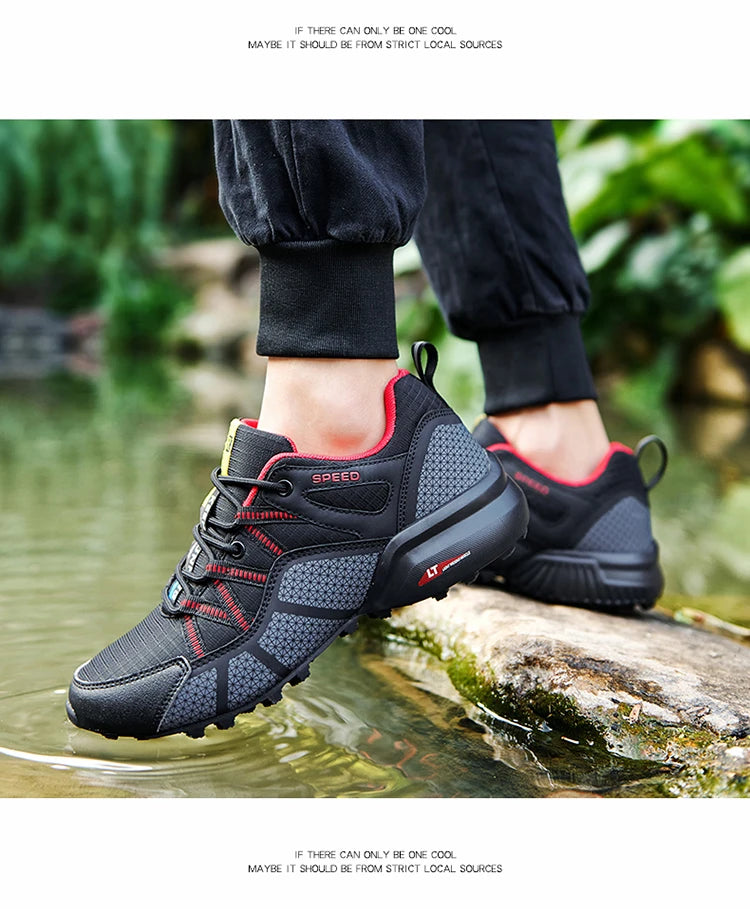 Męskie buty turystyczne – buty sportowe do terenów o zróżnicowanym ukształtowaniu terenu, z oddychającą siateczką, antypoślizgowe, odporne na zużycie – buty turystyczne i rowerowe