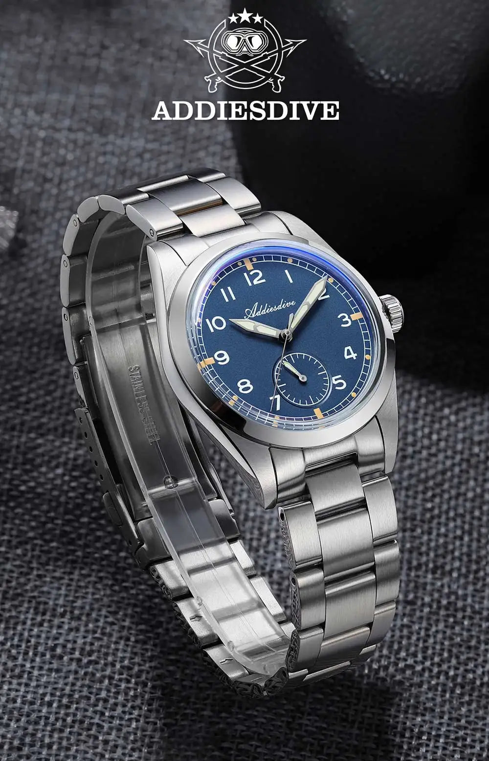 ADDIESDIVE 36mm Men's Quartz VH60 Watch BGW9 Luminous Bubble Mirror Pot Cover Glass 10Bar Waterproof Stainless Steel Watch