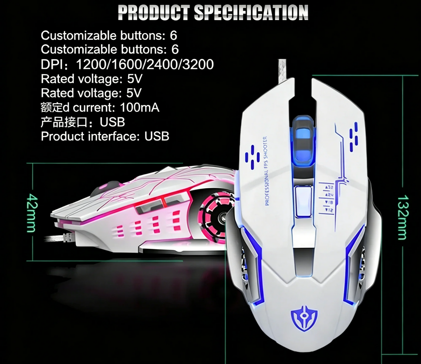 RGB Dual-Mode Wired Mouse 2.4G Wireless Mouse Gaming Mouse Rechargeable Silent Mouse 3600 DPI Adjustable Mouse Mice for Laptop