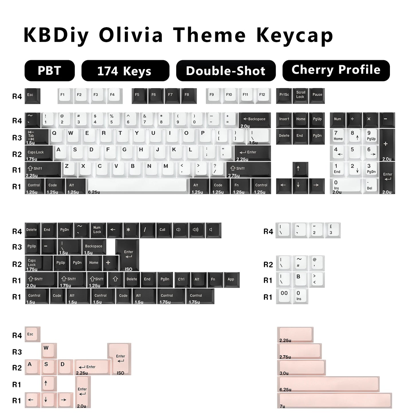 KBDiy GMK WOB Keycap Cherry Profile Double Shot PBT ISO 7u Black and White Keycaps For Mechanical Keyboard Retro Gaming Key Cap