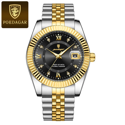 POEDAGAR Herrenuhr – Luxusmodell, wasserdicht, aus Edelstahl, mit Leuchtanzeige, im Militärstil, mit Datumsanzeige, Quarzwerk, ideal für die Arbeit oder berufliche Anlässe.