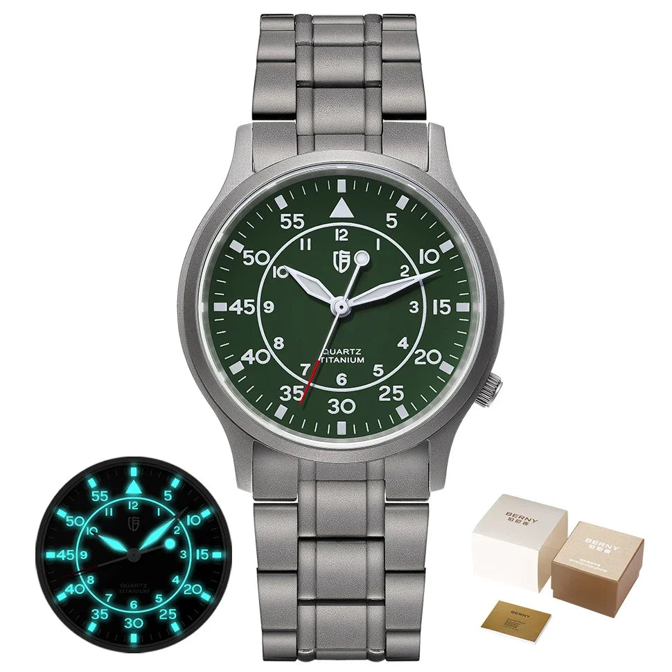 BERNY Titanium Watch For Men AR Coating Sapphire Fashion Wristwatch Luminous VH31 Ultra-thin Quartz Watch Waterproof 5ATM Watch