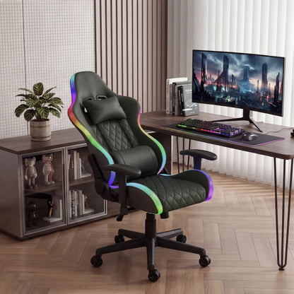 Ergonomic Office Chair with Lumbar Massage, RGB LED Lighting, Reclining Backrest, Adjustable Armrests Gaming Desk Chair for Home Office