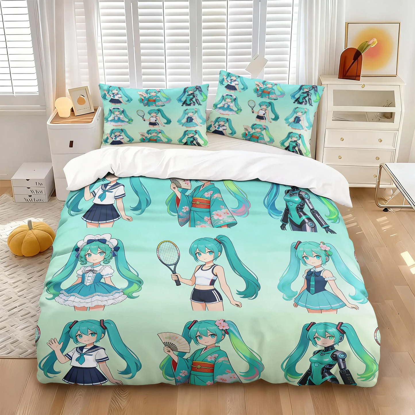 Set navlake za poplun Hatsune Miku u chibi stilu, slatka anime posteljina s jastučnicama, dekor za gaming sobu, spavaću sobu tinejdžera i djece, poklon za fanove