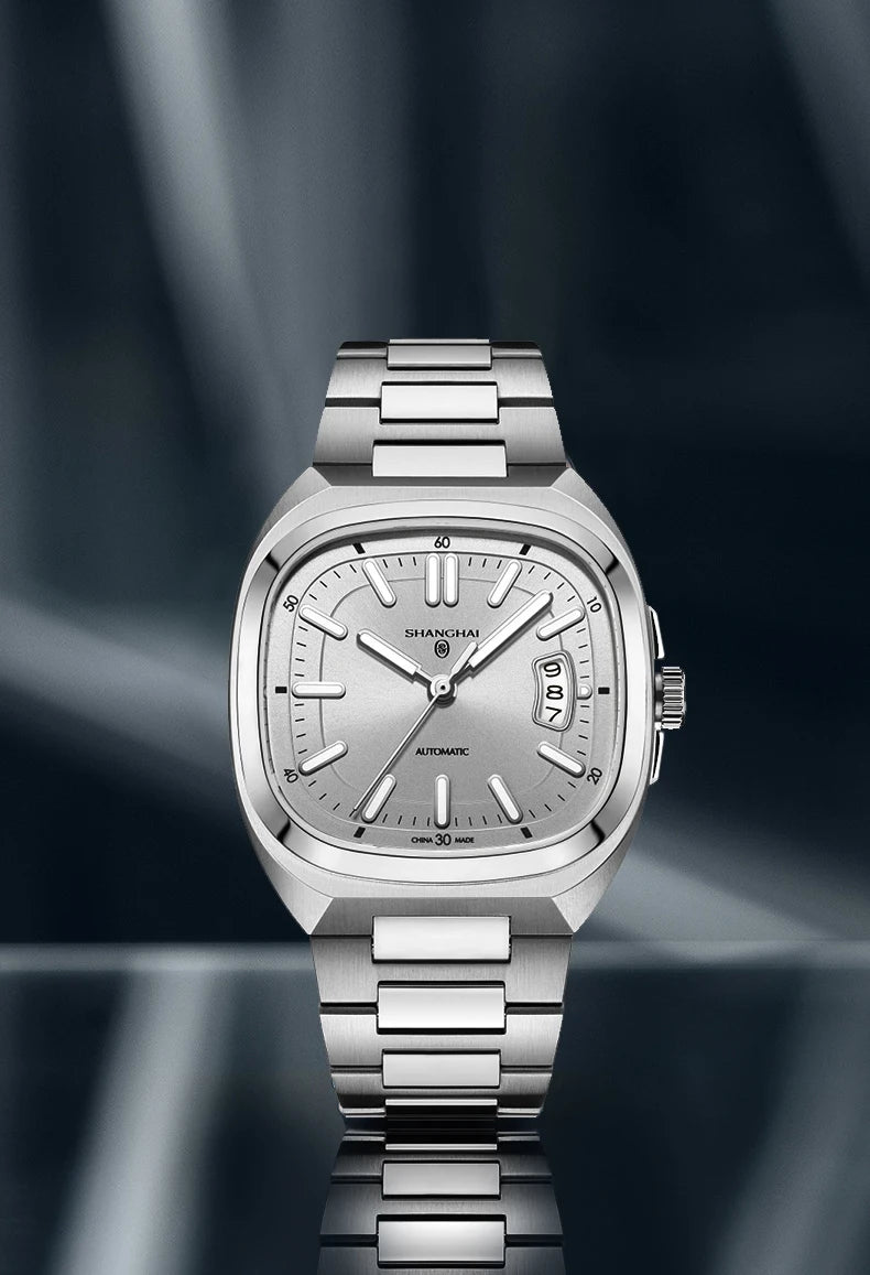 Shanghai Watch Automatic Mechanical Square Dial Men's Watch Luminous Water-Resistant to 50m Date Display Casual Wristwatch SH018
