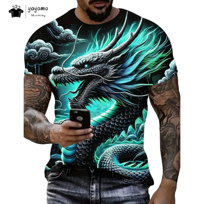 T-shirts de homem com padrão de dragão, manga curta, gola redonda, estilo streetwear, estampado animal 3D, corte largo e versátil, roupa de homem