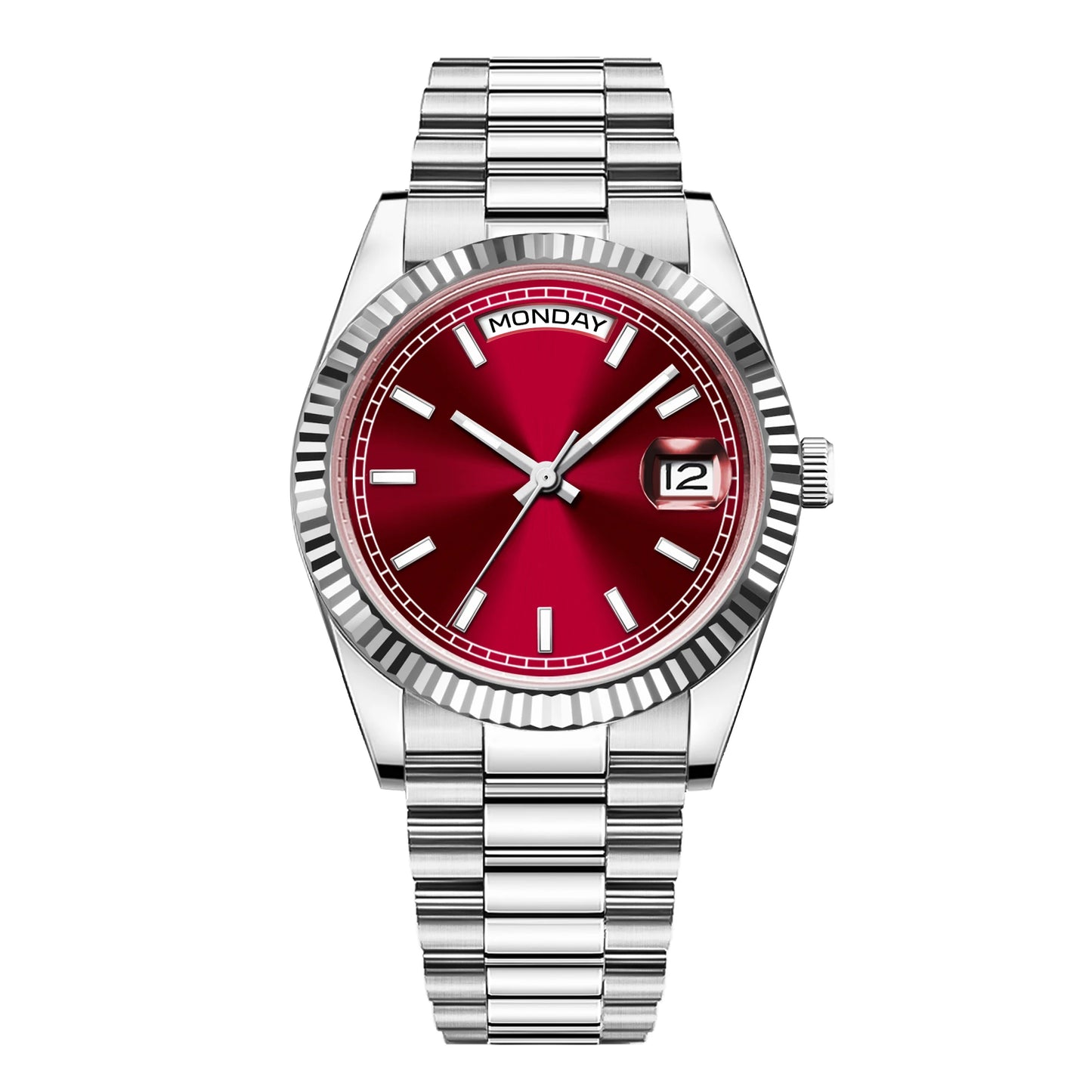 CORGEUT NH36 mechanische Herrenuhr mit Wochentags- und Datumsanzeige, President-Gliederarmband, Stahlgehäuse, geriffelter Arc-Lünette, wasserdicht
