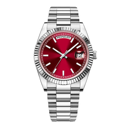 CORGEUT NH36 mechanische Herrenuhr mit Wochentags- und Datumsanzeige, President-Gliederarmband, Stahlgehäuse, geriffelter Arc-Lünette, wasserdicht