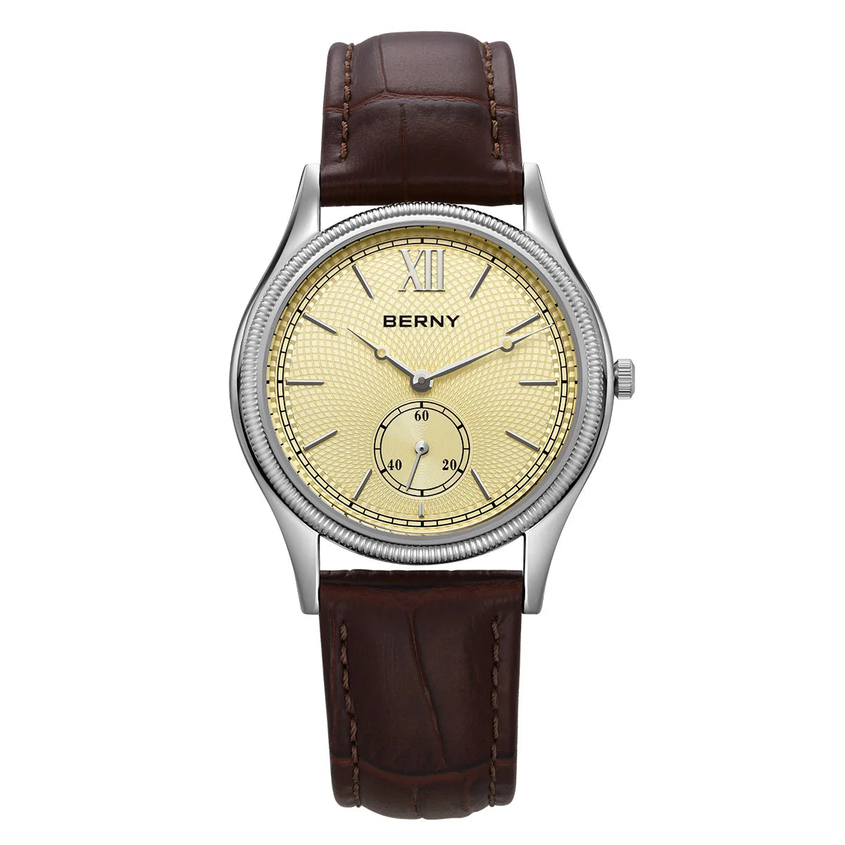 BERNY Watches for Men Luxury Slim Classic Stylish Dress Quartz Watch Stainless Steel Case Elegance Leather Band Wristwatch