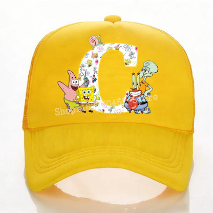 SpongeBobs Baseball Cap Kids Adult Summer Outdoor Sports Sun Hat Child Cute Letter A-Z Sunbonnet Breathable Mesh Headgear Gift