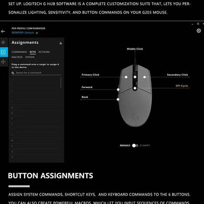Logitech G203 LIGHTSYNC-mus trådbunden 8000 DPI-sensor RGB Sync 6 knappar mekanisk spänning för kontor och gaming