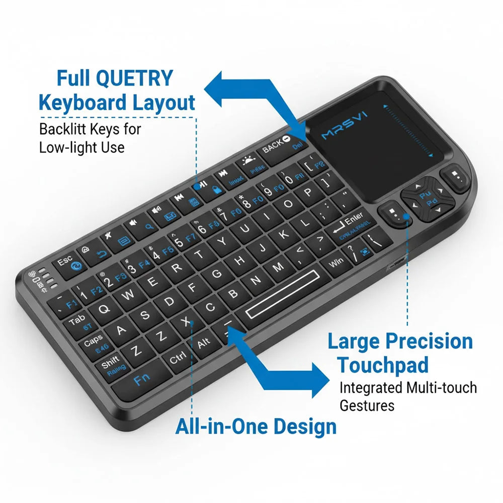 MRSVI Mini-Bluetooth-Tastatur A8 PLUS, beleuchtete 2.4GHz-Wireless-Tastatur mit Touchpad für Android TV Box, Mac, Laptop, Windows