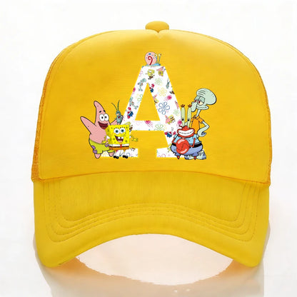 SpongeBobs Baseball Cap Kids Adult Summer Outdoor Sports Sun Hat Child Cute Letter A-Z Sunbonnet Breathable Mesh Headgear Gift