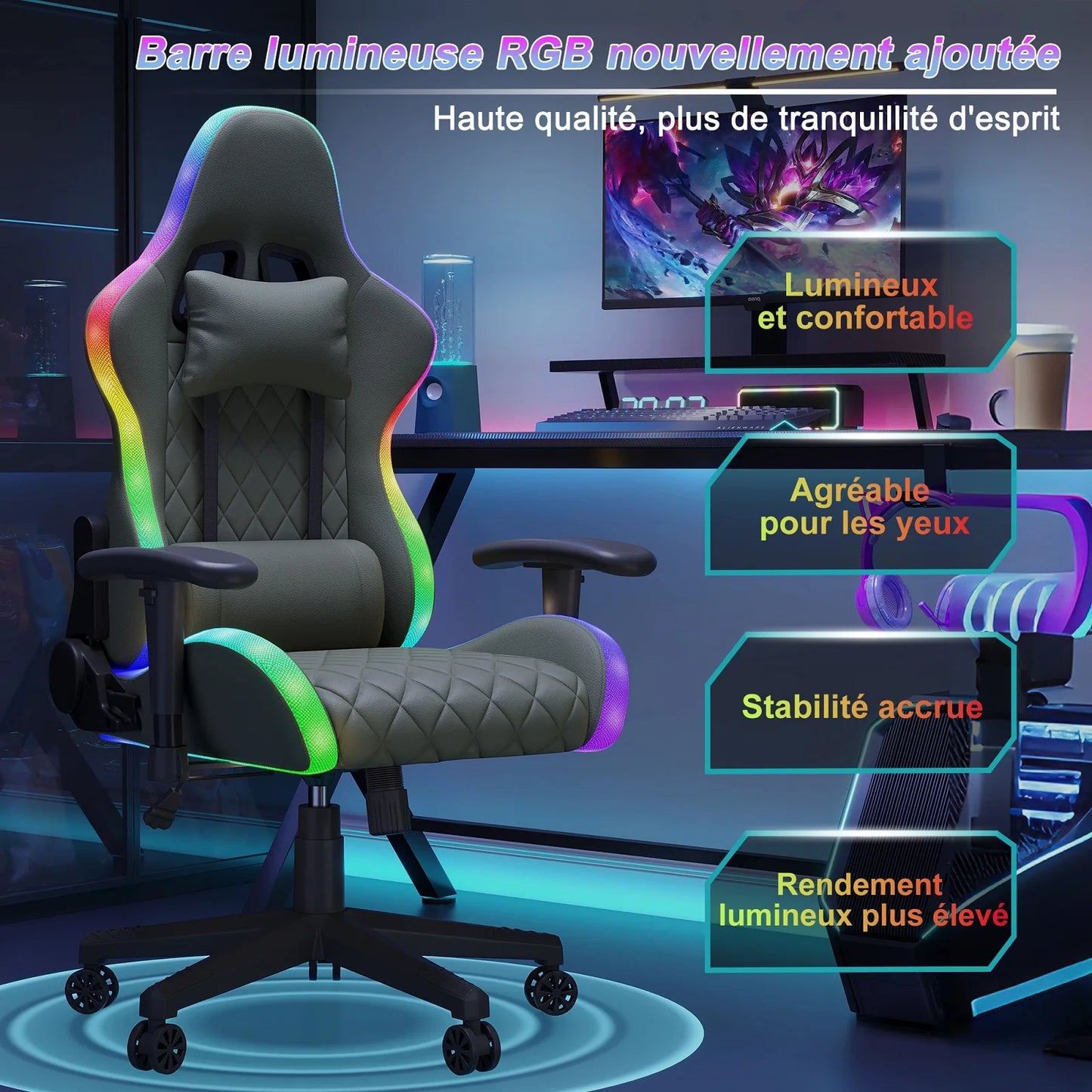 Ergonomic Gaming Chair with Massage Function, RGB LED Lights, Reclining Gaming Chair with Footrest, Adjustable Height PU Leather Office Gaming Chair