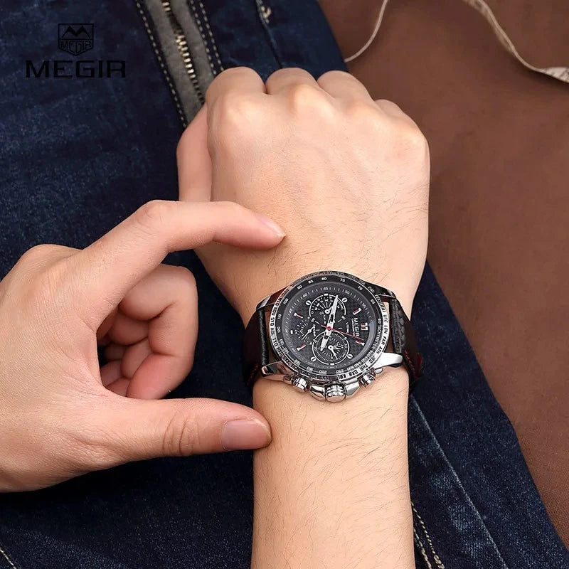 MEGIR 1010 Men's Quartz Watch with Leather Strap, Analog Display, Fashion Design, Stylish Gift for Men relogio feminino
