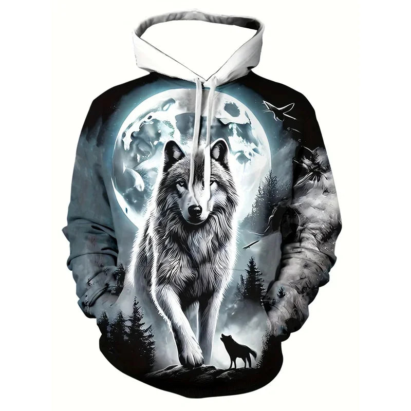 Men's 3D White Wolf Print Hoodie, Casual Long Sleeve Pullover with Drawstring Pocket, 100% Polyester Slight Stretch Men's Clothing