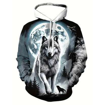 Men's 3D White Wolf Print Hoodie, Casual Long Sleeve Pullover with Drawstring Pocket, 100% Polyester Slight Stretch Men's Clothing