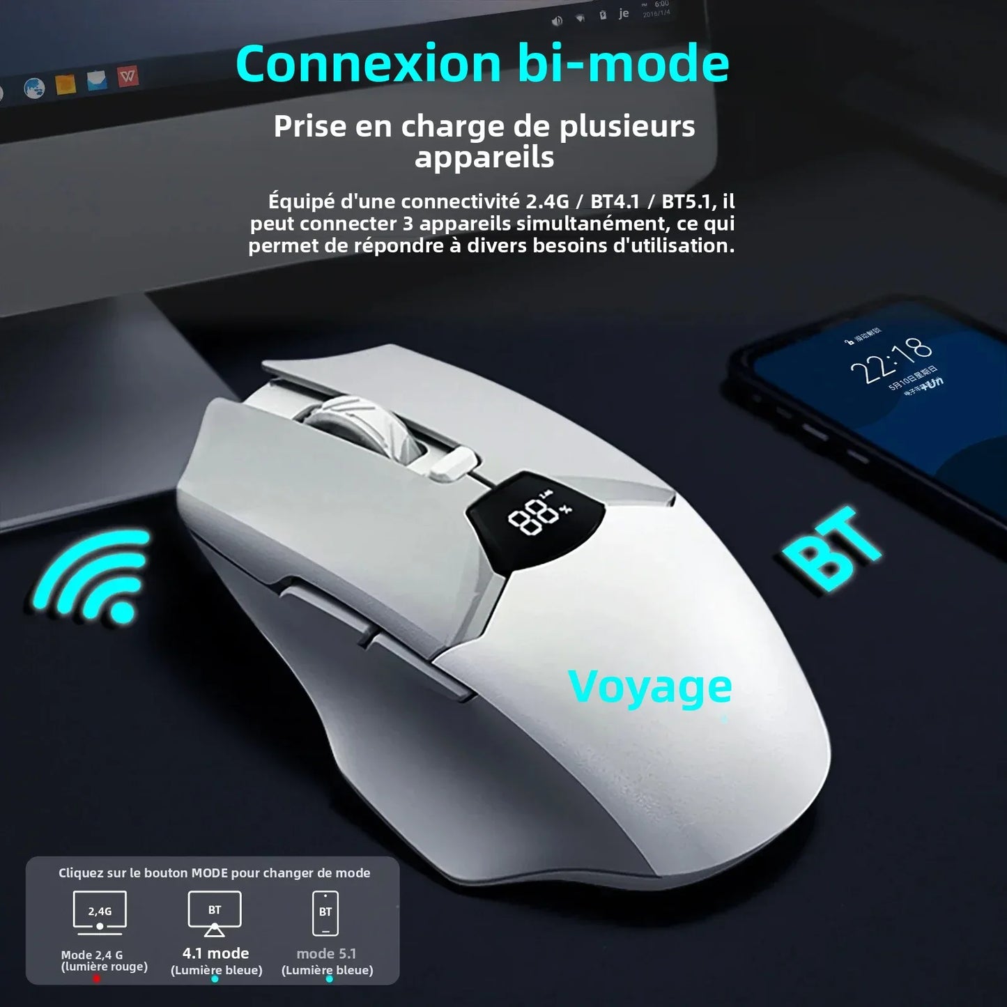 Wireless Bluetooth Mouse with Digital Battery Display, Silent Ergonomic Mouse for PC Laptop Gaming, 2.4G/Bluetooth 5.0