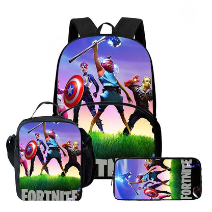 Fortnite Cartoon 3Pcs School Bag Set Unisex for Boys Girls, Backpack with Front Pocket, Lunch Bag and Pencil Case Best Gift