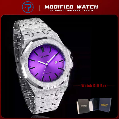 Octagon Wristwatch Glitter Textured Case Purple Dial Date Display Quartz Watch Unisex Stylish Trendy Casual Fashion Watch