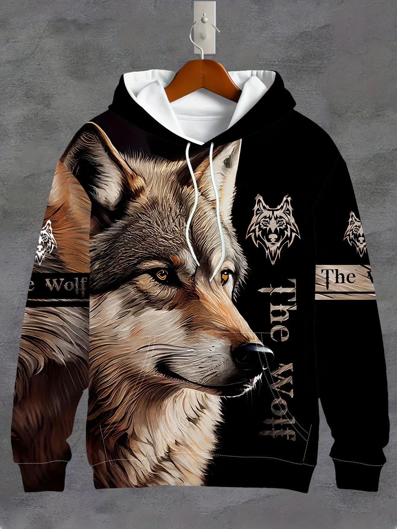 Men's 3D White Wolf Print Hoodie, Casual Long Sleeve Pullover with Drawstring Pocket, 100% Polyester Slight Stretch Men's Clothing