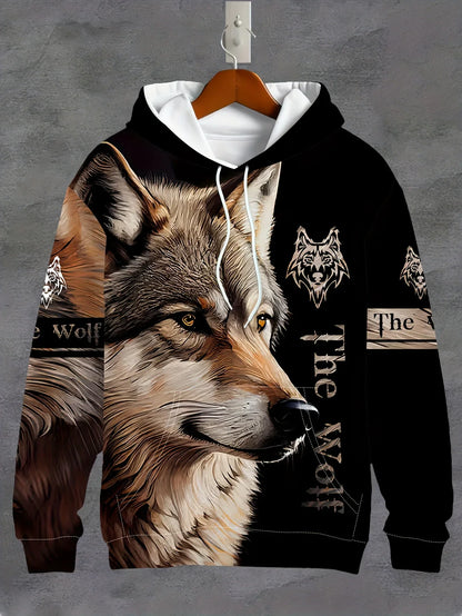 Men's 3D White Wolf Print Hoodie, Casual Long Sleeve Pullover with Drawstring Pocket, 100% Polyester Slight Stretch Men's Clothing