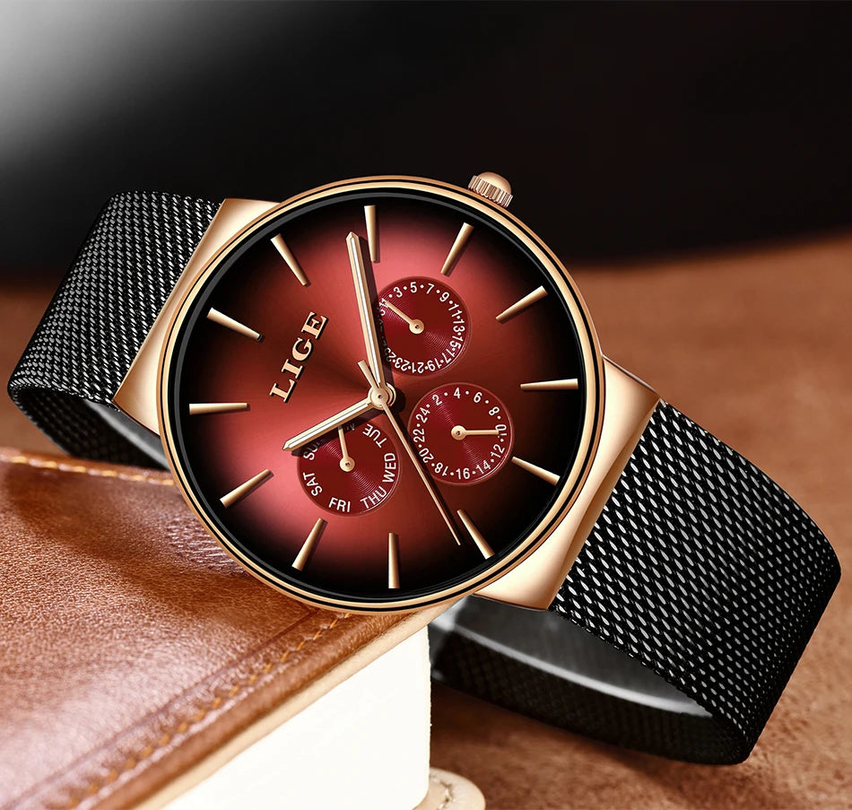 LIGE women’s watch, elegant and on-trend – sporty-casual style, mesh strap, quartz movement, date and day display, water-resistant.