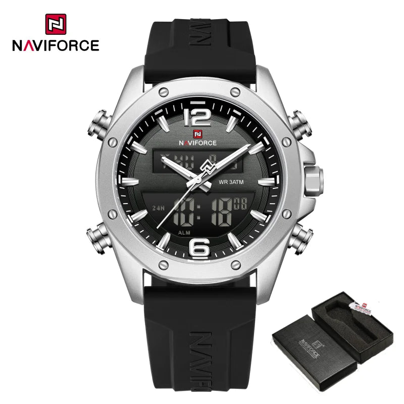 NAVIFORCE Men Quartz LCD Dual Display Watch With Silicone Strap 3ATM Waterproof Shockproof Night Light Round Case Sport Casual