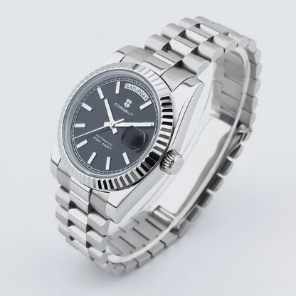 CORGEUT NH36 mechanische Herrenuhr mit Wochentags- und Datumsanzeige, President-Gliederarmband, Stahlgehäuse, geriffelter Arc-Lünette, wasserdicht