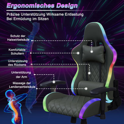Gaming Chair with Massage Function, LED RGB Lights, Adjustable Reclining Gaming Chair with Lumbar Support, Headrest Pillow, Ergonomic Computer Chair 150KG Capacity