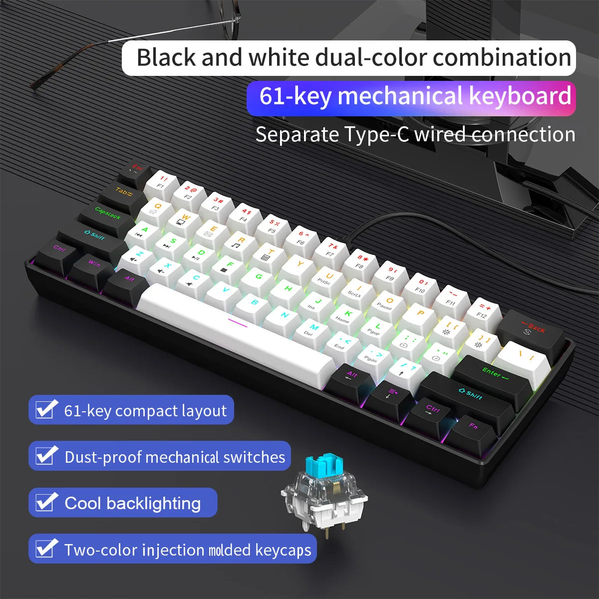 Mechanical keyboard gamer 60% mini 6 1keys backlit pc switches keyboards portable wired cute laptop  key board teclado mecanico