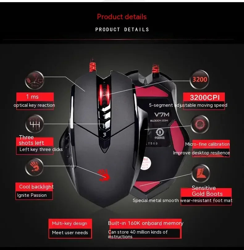 Bloody V7M kabelgebundene Maus RGB leichtes ergonomisches Design 4000dpi PC Büro E-Sports Gaming Makroprogrammierung Maus für CF LOL CS