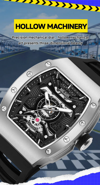 MEGIR Men's Automatic Mechanical Watch with Stainless Steel Case Silicone Strap Fashion Waterproof Luminous Wristwatch 8604