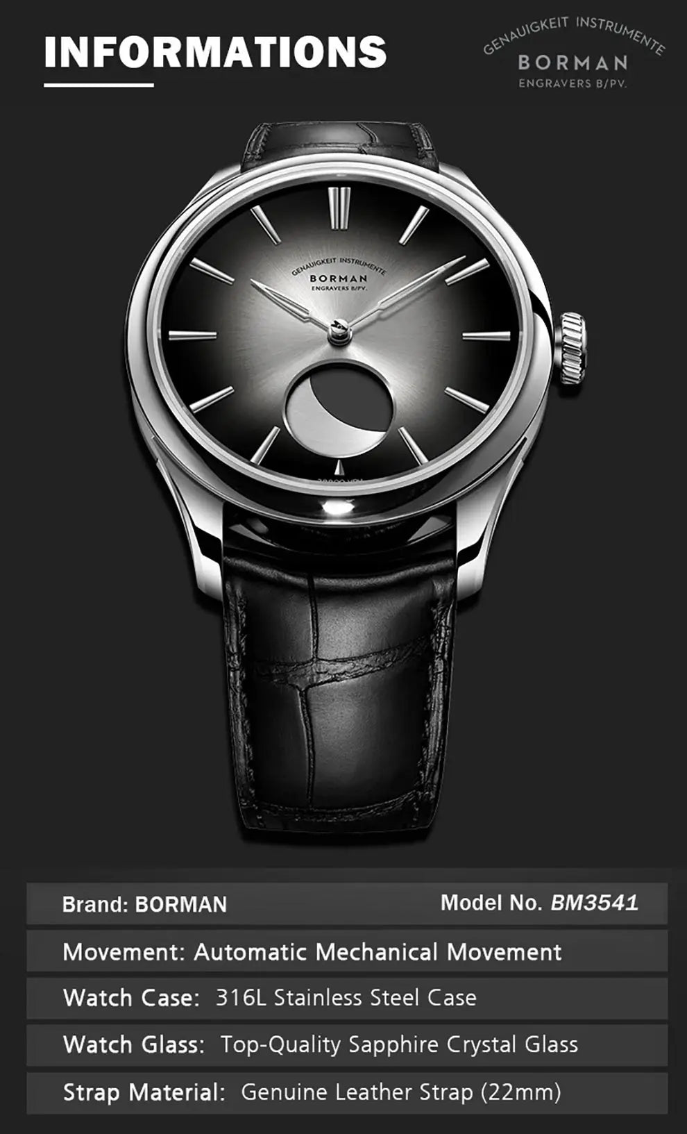 BORMAN 41.5mm 5ATM Waterproof Mechanical Watches Moon Phase Luxury Designer Men Dress Automatic Wristwatch